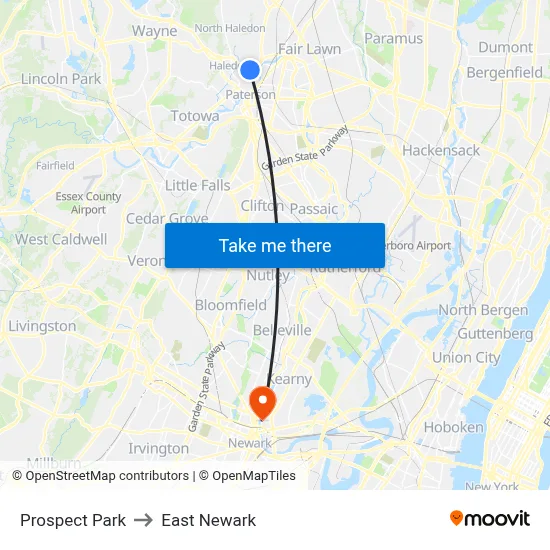 Prospect Park to East Newark map