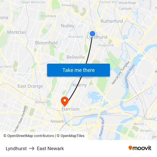 Lyndhurst to East Newark map