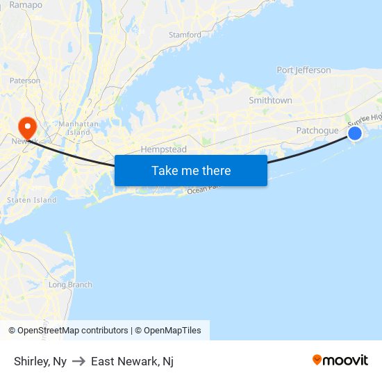 Shirley, Ny to East Newark, Nj map