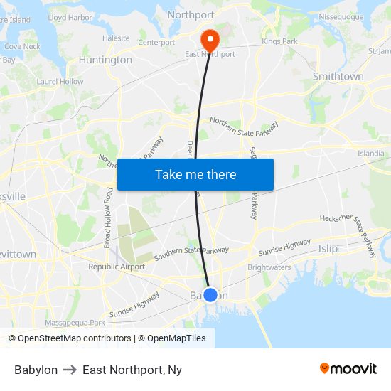 Babylon to East Northport, Ny map