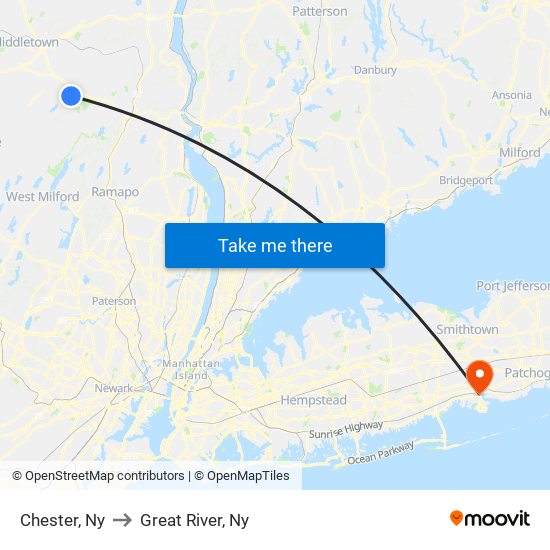 Chester, Ny to Great River, Ny map