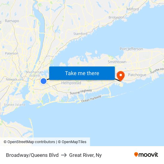 Broadway/Queens Blvd to Great River, Ny map