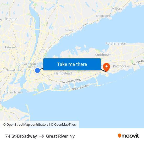 74 St-Broadway to Great River, Ny map