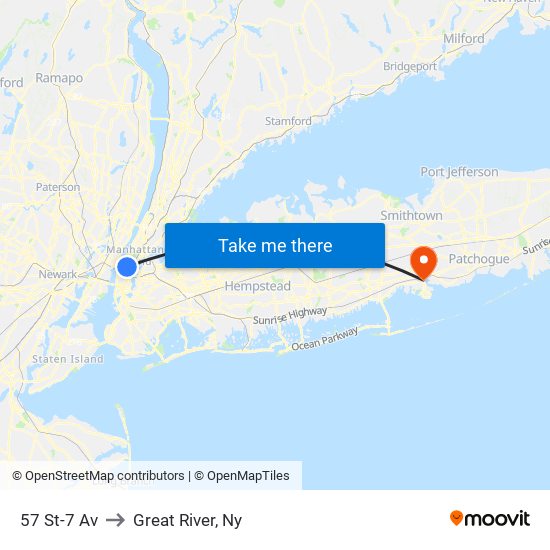57 St-7 Av to Great River, Ny map