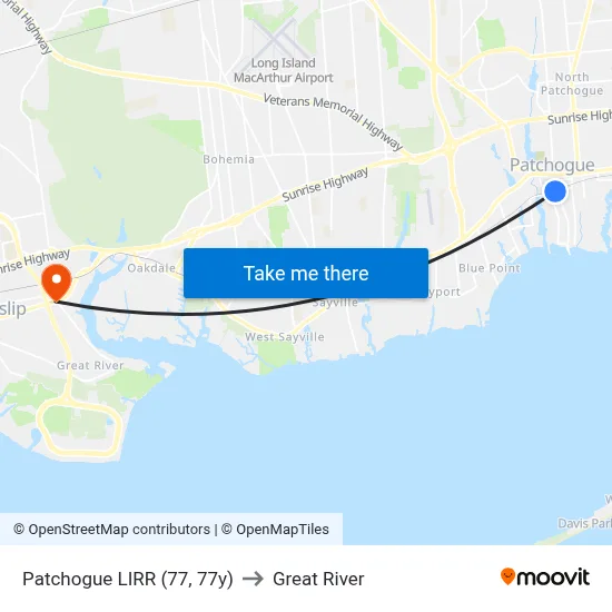 Patchogue LIRR (77, 77y) to Great River map