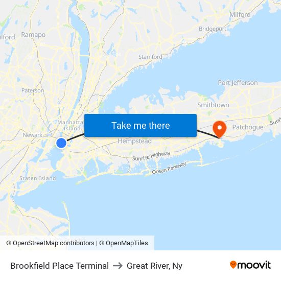 Brookfield Place Terminal to Great River, Ny map