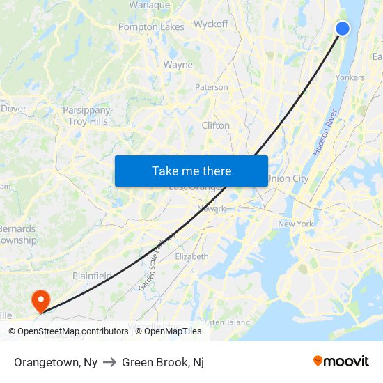 Orangetown, Ny to Green Brook, Nj map