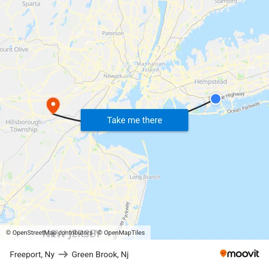 Freeport to Green Brook, Nj map