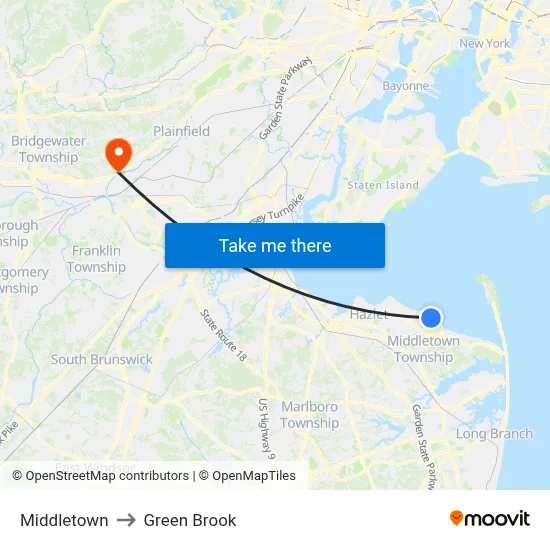 Middletown to Green Brook map
