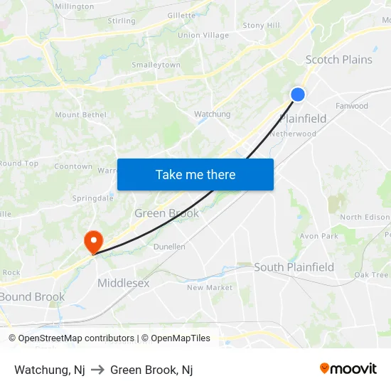 Watchung to Green Brook, Nj map