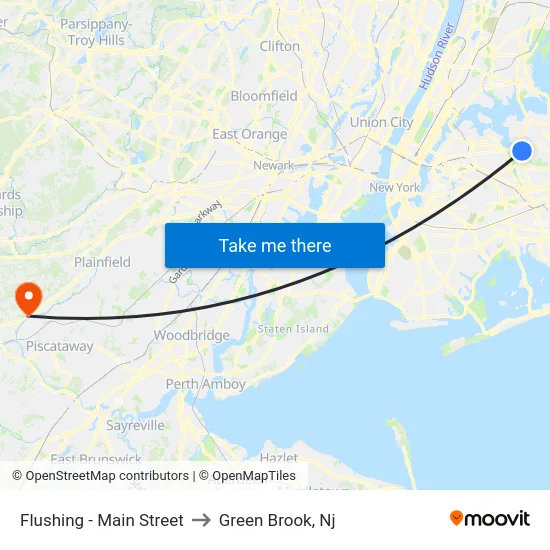 Flushing - Main Street to Green Brook, Nj map