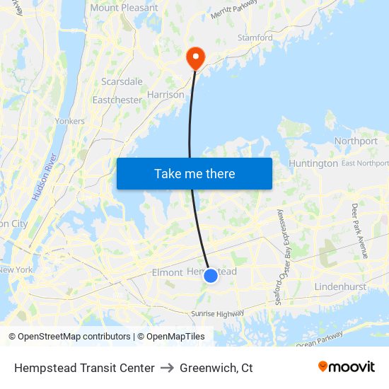 Hempstead Transit Center to Greenwich, Ct map