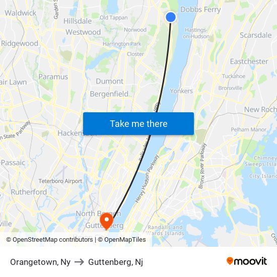 Orangetown, Ny to Guttenberg, Nj map