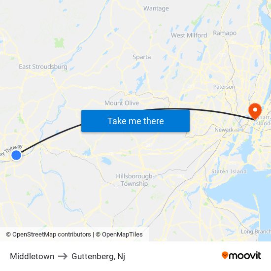 Middletown to Guttenberg, Nj map