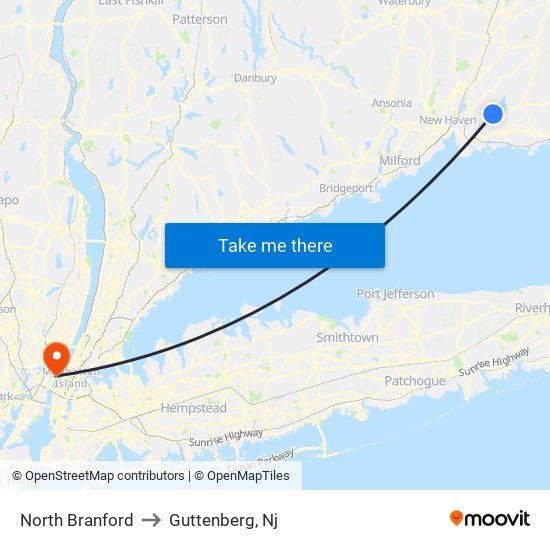 North Branford to Guttenberg, Nj map