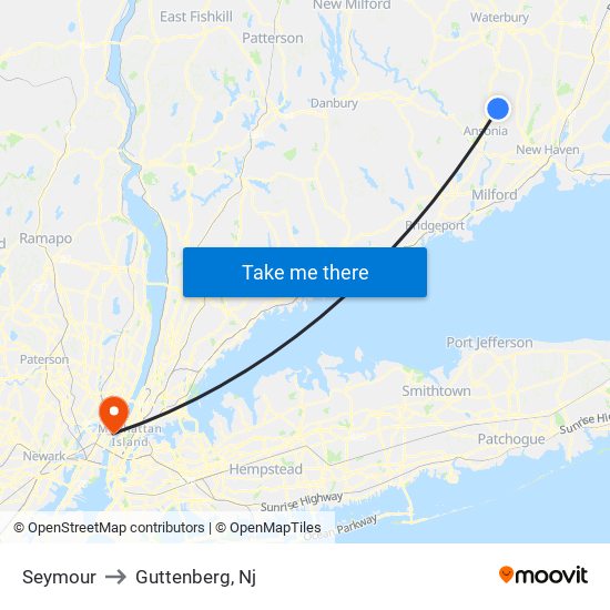 Seymour to Guttenberg, Nj map