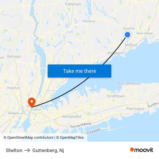 Shelton to Guttenberg, Nj map