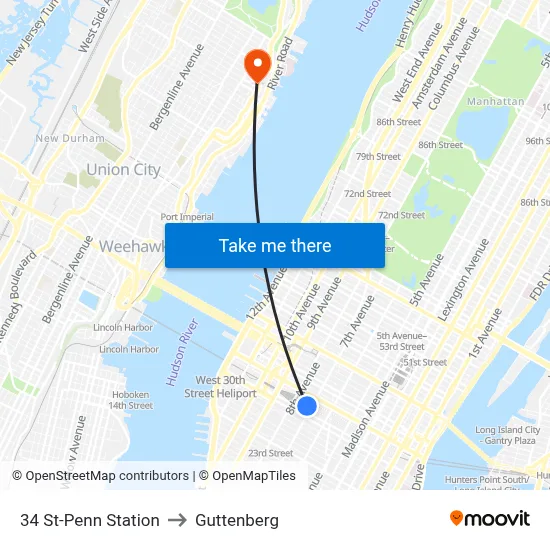 34 St-Penn Station to Guttenberg map