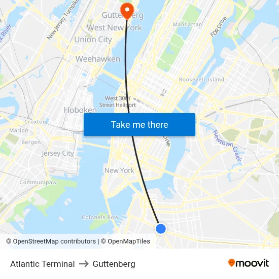 Atlantic Terminal to Guttenberg map