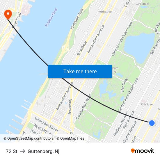 72 St to Guttenberg, Nj map