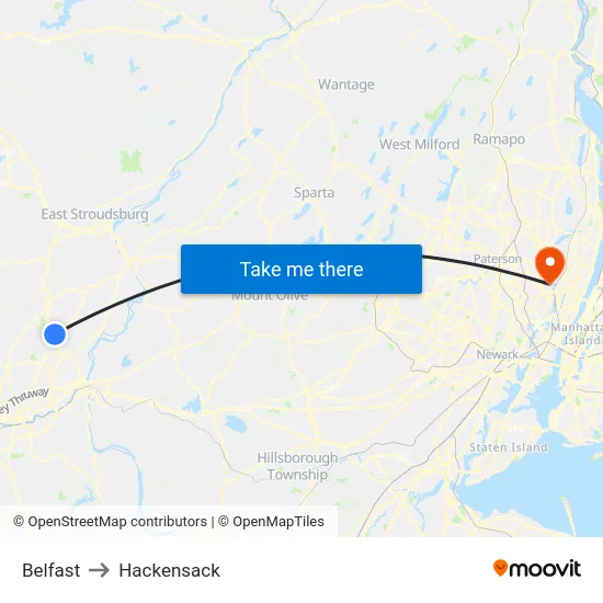 Belfast to Hackensack map