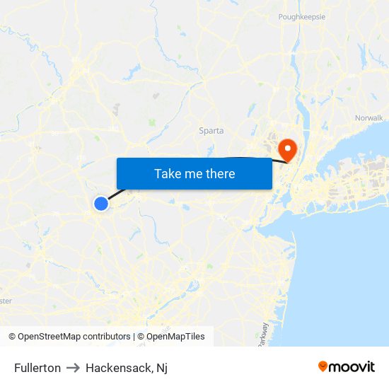 Fullerton to Hackensack, Nj map