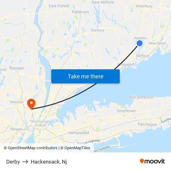 Derby to Hackensack, Nj map