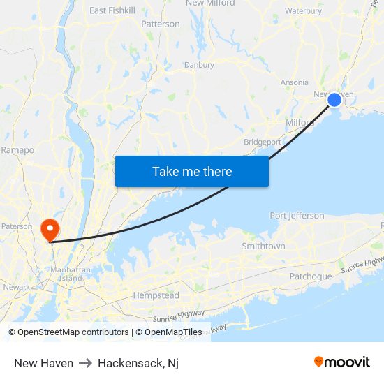 New Haven to Hackensack, Nj map