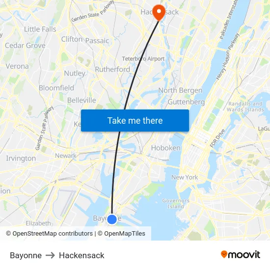 Bayonne to Hackensack map