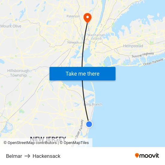 Belmar to Hackensack map