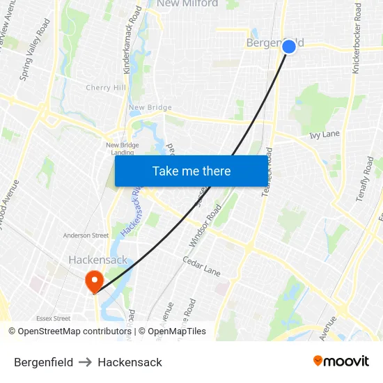 Bergenfield to Hackensack map