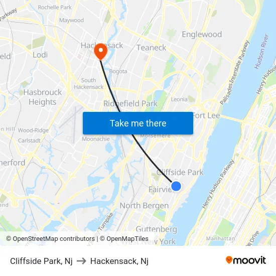 Cliffside Park to Hackensack, Nj map