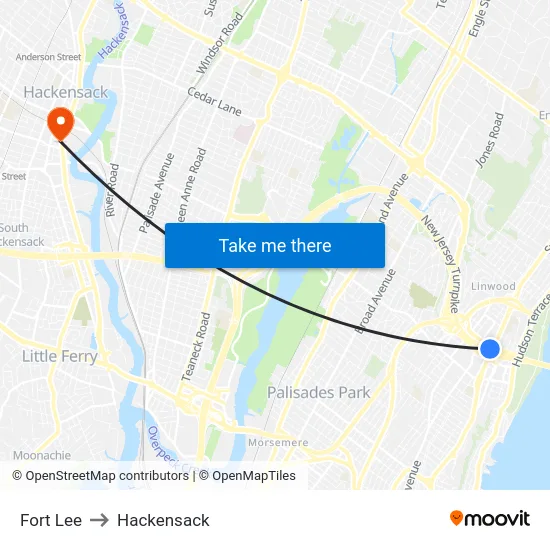 Fort Lee to Hackensack map