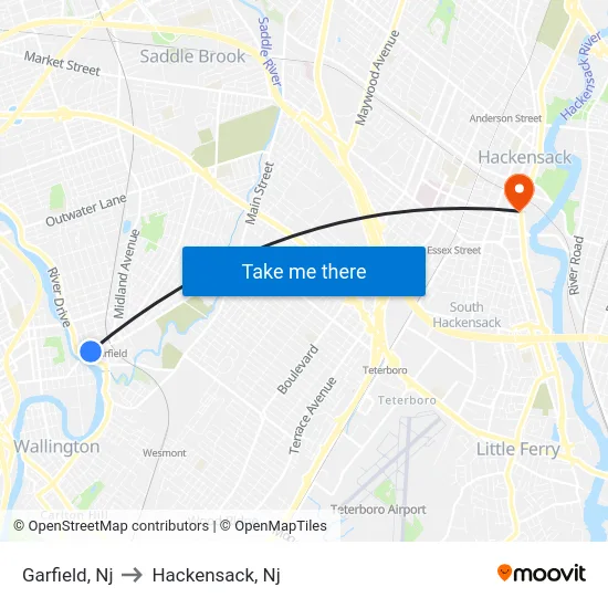 Garfield to Hackensack, Nj map