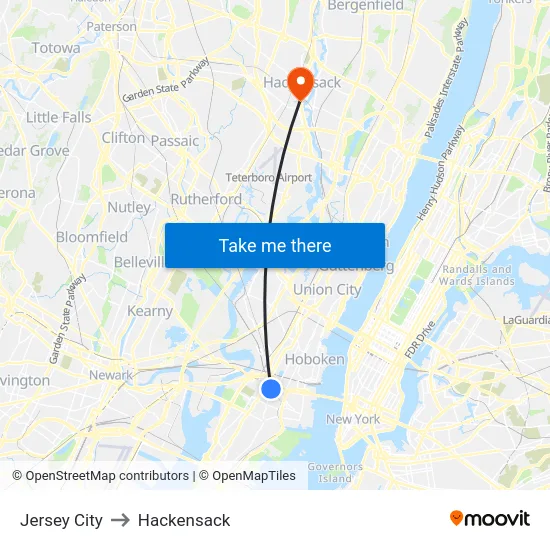 Jersey City to Hackensack map