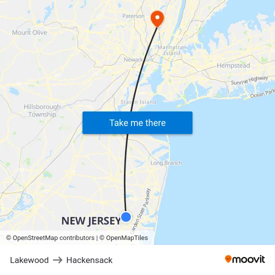 Lakewood to Hackensack map