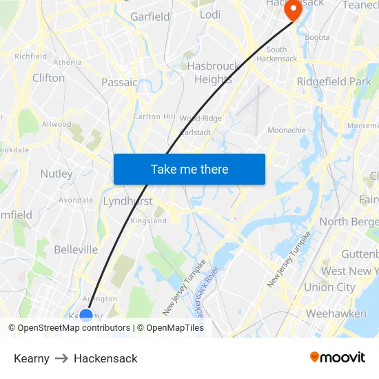 Kearny to Hackensack map