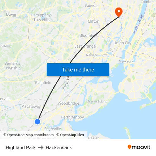 Highland Park to Hackensack map