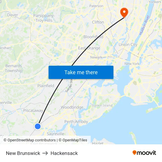 New Brunswick to Hackensack map