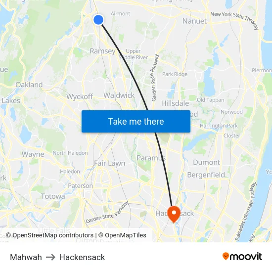 Mahwah to Hackensack map