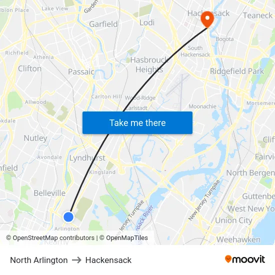 North Arlington to Hackensack map