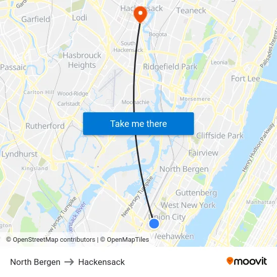 North Bergen to Hackensack map