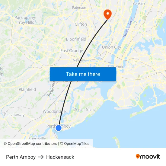 Perth Amboy to Hackensack map