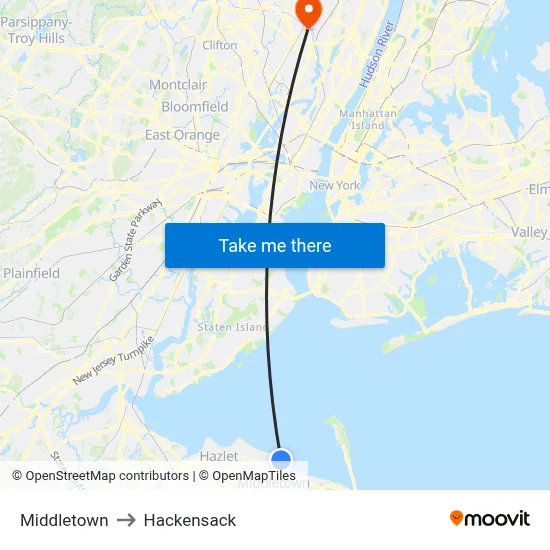 Middletown to Hackensack map