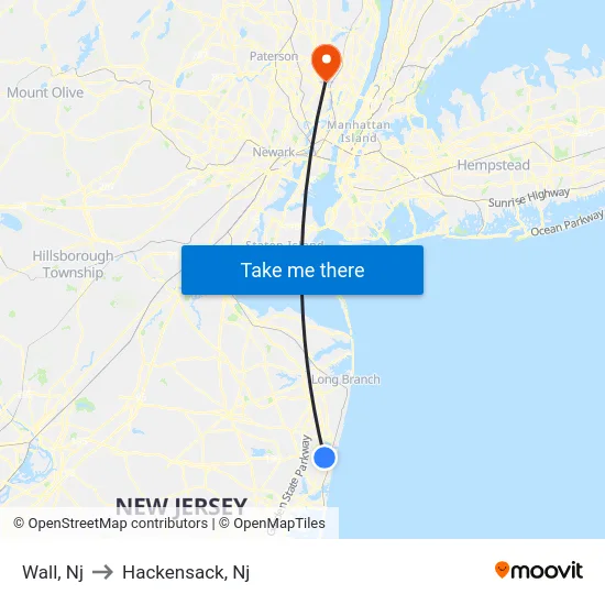 Wall to Hackensack, Nj map