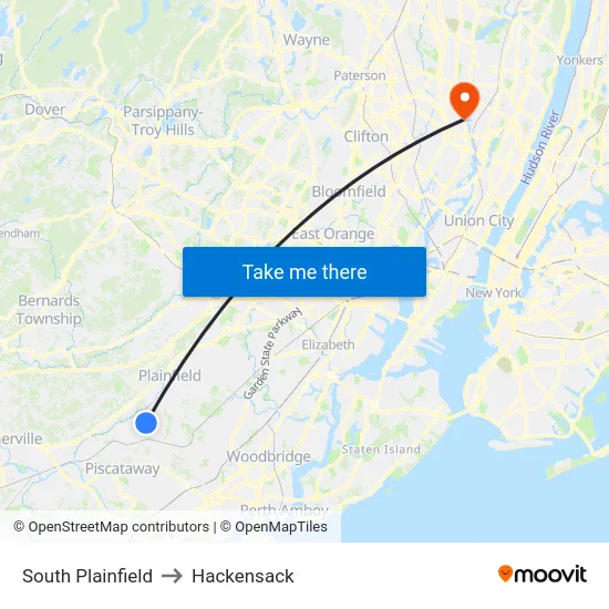 South Plainfield to Hackensack map