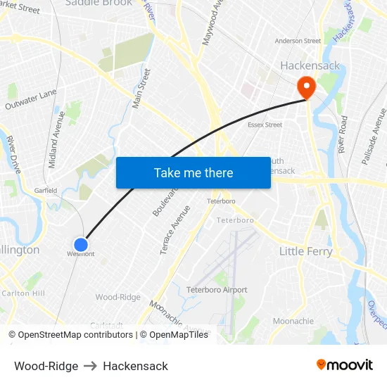 Wood-Ridge to Hackensack map