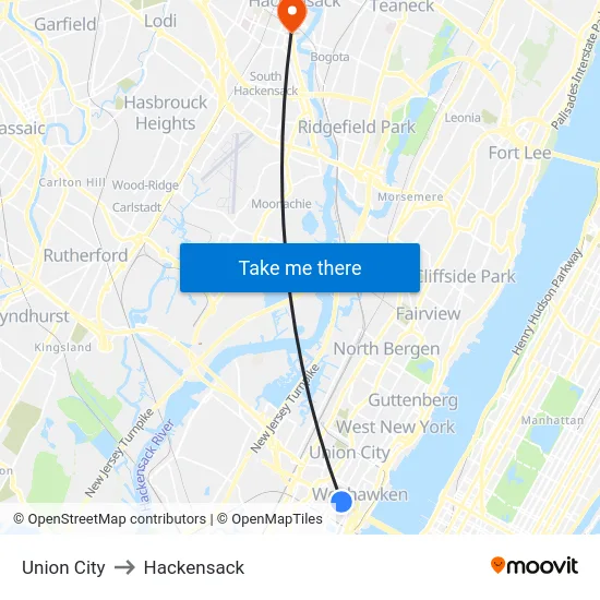 Union City to Hackensack map
