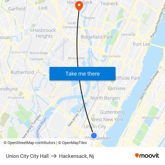 Union City City Hall to Hackensack, Nj map