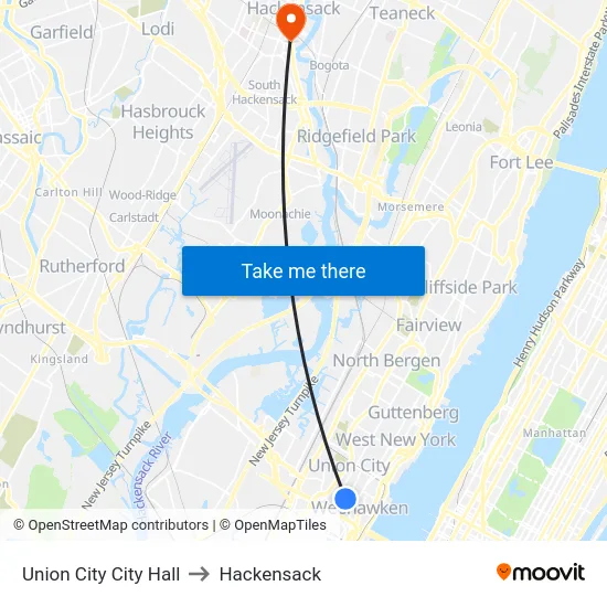 Union City City Hall to Hackensack map